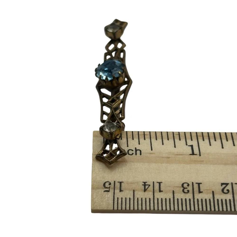Vintage Bar Brooch Blue Rhinestones Filigree Open Work Ornate Gold Tone Art Deco